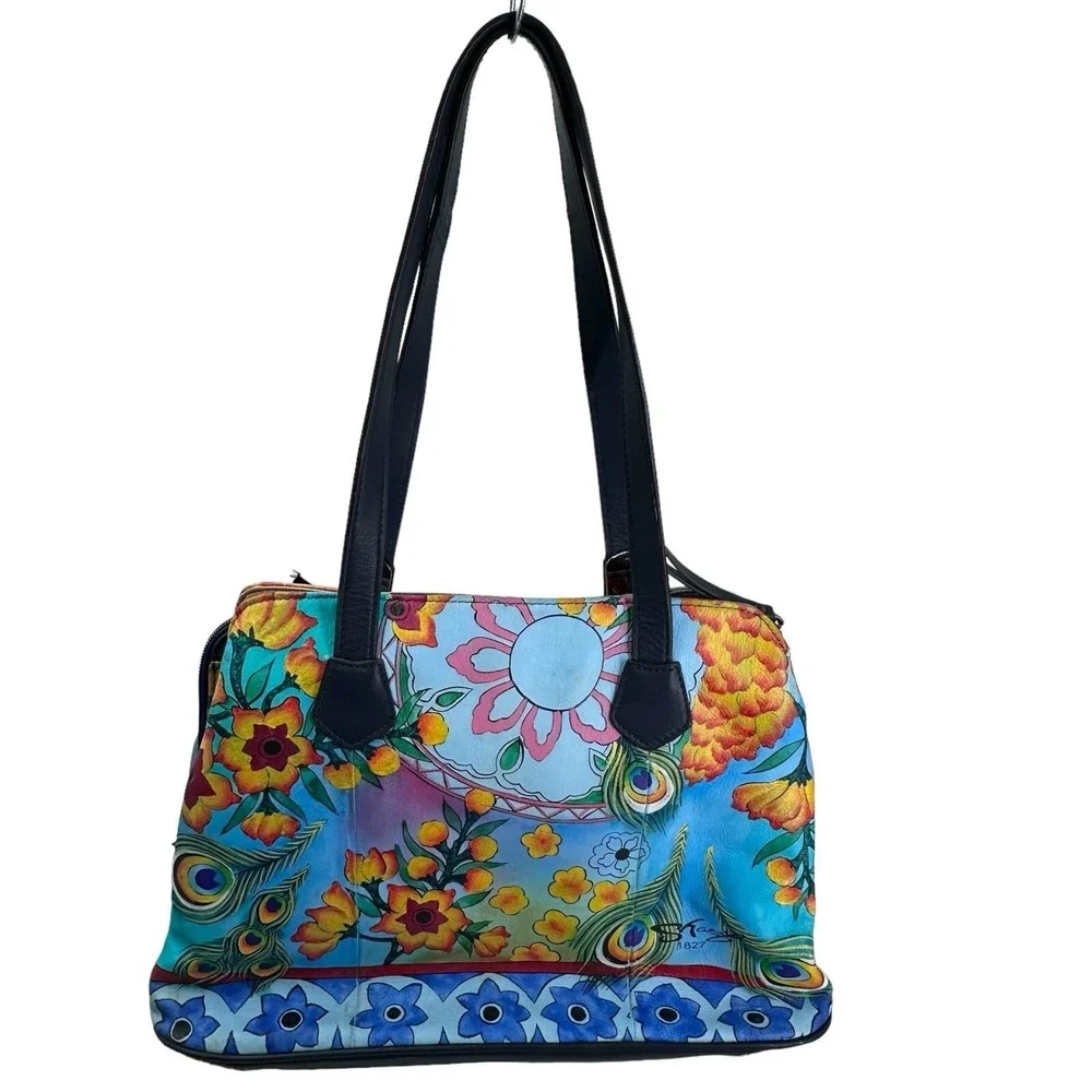Sharif Hand‎ Painted Genuine Leather Art Deco Handbag & Matching Makeup Pouch